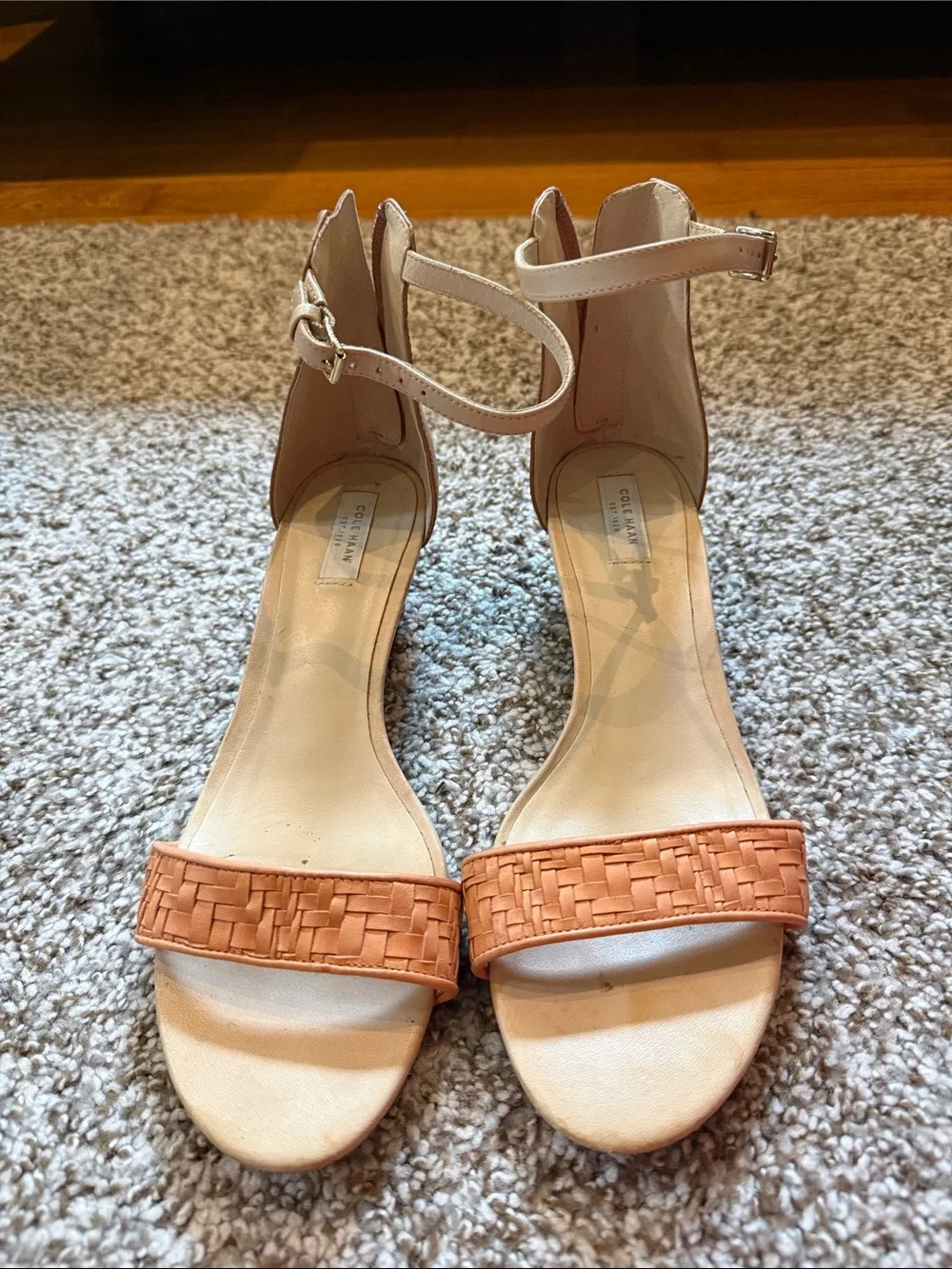 Cole Haan Tan and Peach Woven Leather Wedge Sandals 7.5